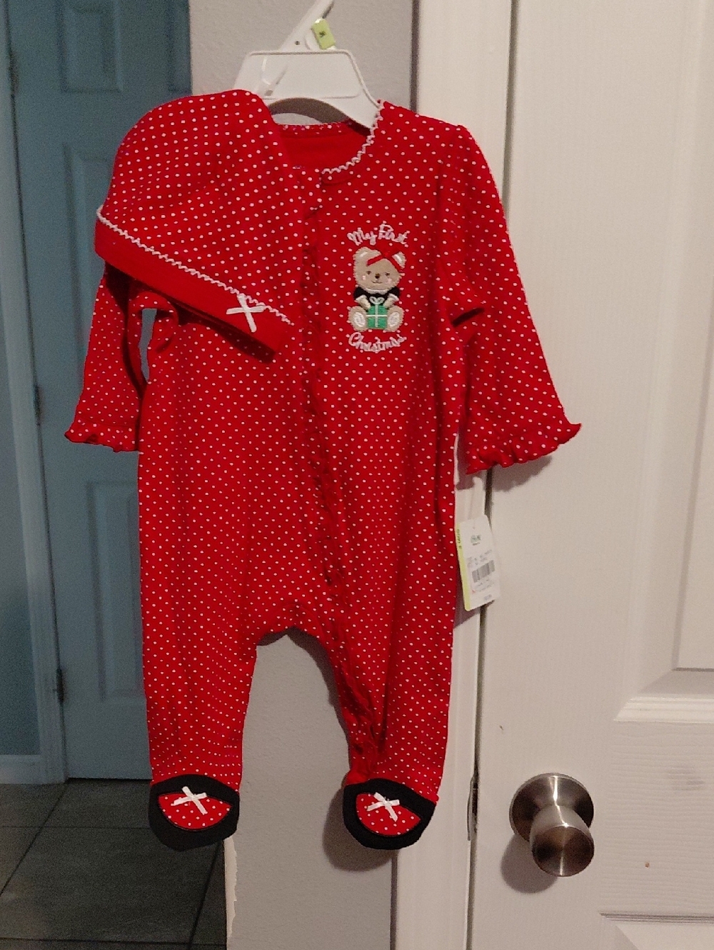 Little Me Red Polka Dot Baby Footed One-Piece with Bear Accent